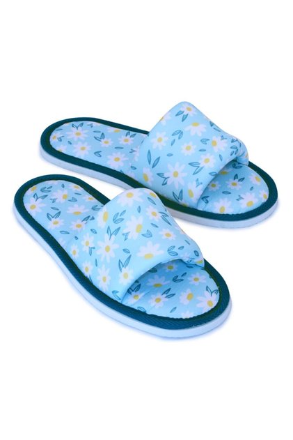 Women's Blue Floral Patterned Open Front Soft Sole Home Slippers