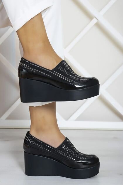 Roxana Black Vegan Stone Stretch-Schuhe mit Keilabsatz
