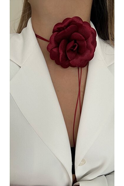 Bağcıklı Kumaş Çiçek Choker Kolye Gül Kolye