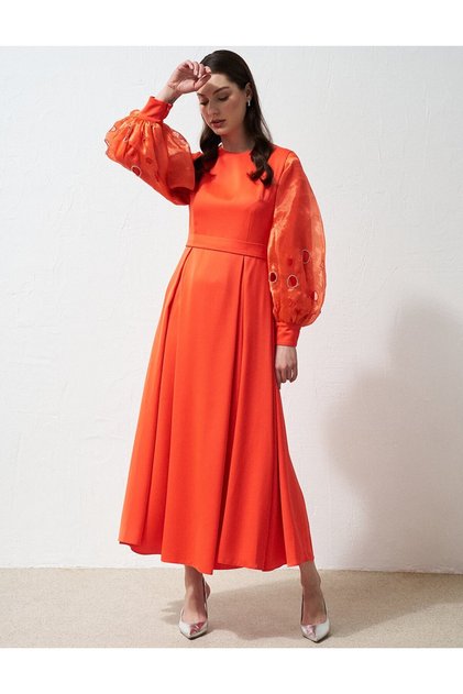 Satin Dress with Embroidered Sleeves Coral
