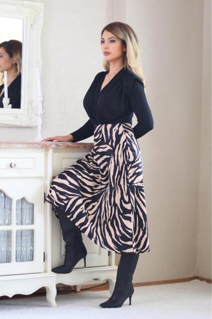 Women's Beige Black Midi Satin Skirt