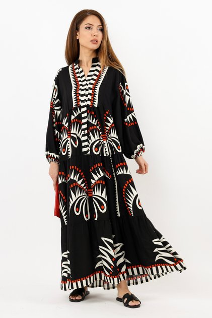 Prive Women's Nena 100% Viscose Maxi Length Black Red Balloon Sleeve Long Summer Dress 24EL036