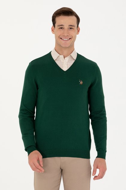 Men's Slim Fit V-Neck Green Sweater 50269006-Vr054