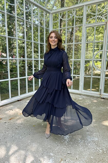 knee length dresses for ladies Navy Blue Tiered Ruffle Long Ball Gown with Straps – Ohmollydress