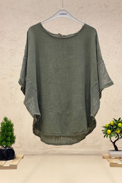 Oval Cut Linen Blouse with Mesh Sides