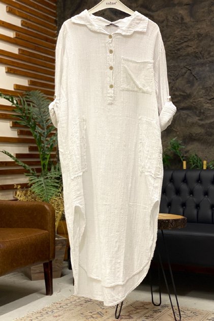 Collared Buttoned Long Linen Dress with Pockets