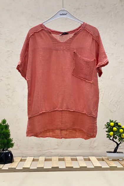 Linen Blouse - High Collar, Shoulder Pocket Mesh