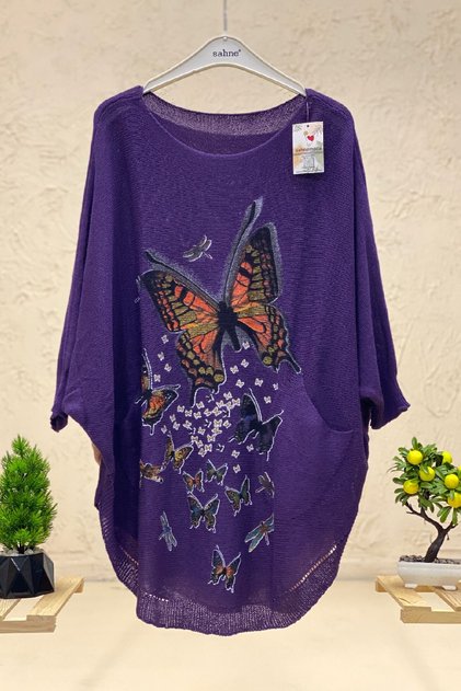 Butterfly Print Bat Mercerized Pocket Blouse