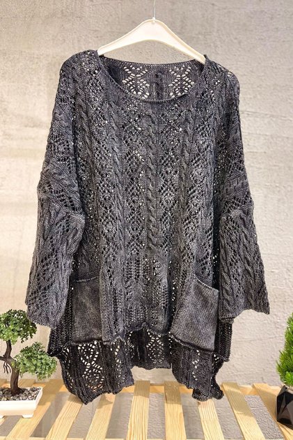 Openwork Square Neck Pocket Asymmetrical Organic Washed Sweater