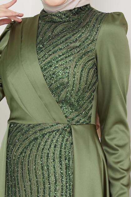 Olcay Satin Hijab Evening Dress with Sequin and Glitter Detail on the Front  and Cape Skirt LIGHT GREEN 1642- Trendyol