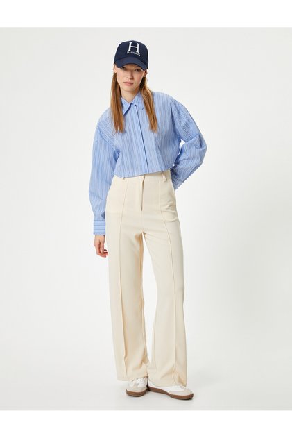 Fabric Pants High Waist Wide Leg Comfortable Fit Ribbed Pocket