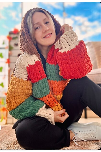 Zuviel Deco Handmade El yapımı örgü retro kapüşonlu chunky hırka
