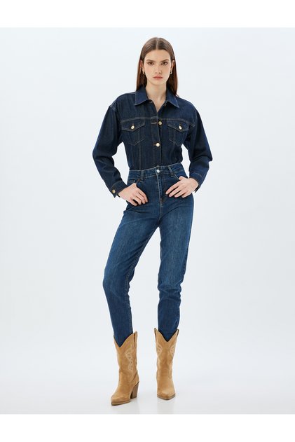 High Waist Denim Pants with Straight Legs, Buttoned Pockets, Cotton - Slim Straight Fit Jeans
