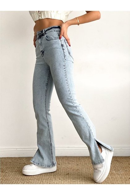 Jayce 90's Slit Blue Stretch Fabric Super High-Waist Relaxed Jeans Pants