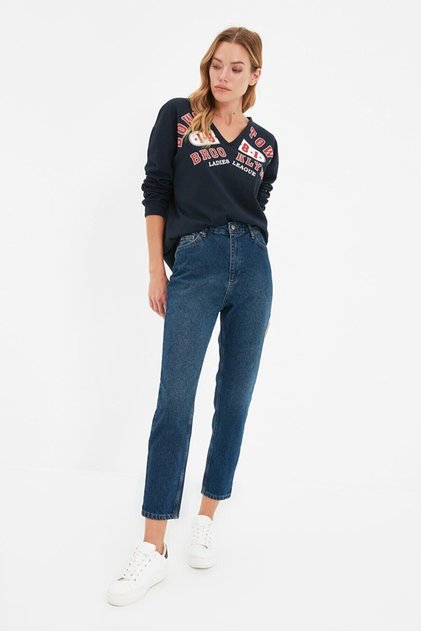 Medium Blue Lycra Mom Jean Trousers (Color Will Not Fade)