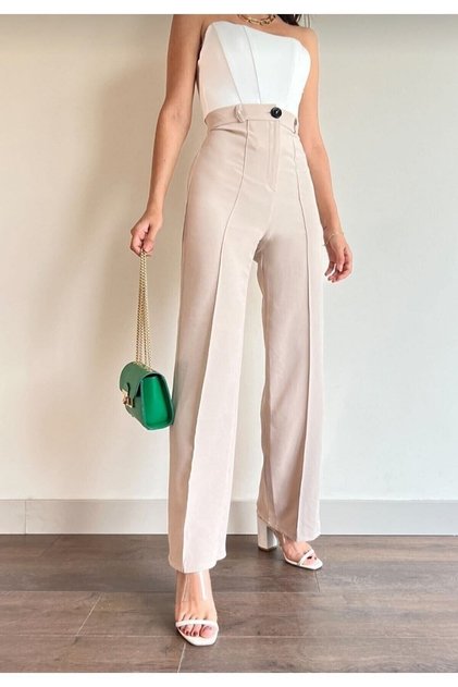 Roger Women's Beige Striped High Waist Wide Leg Loose Trousers Palazzo