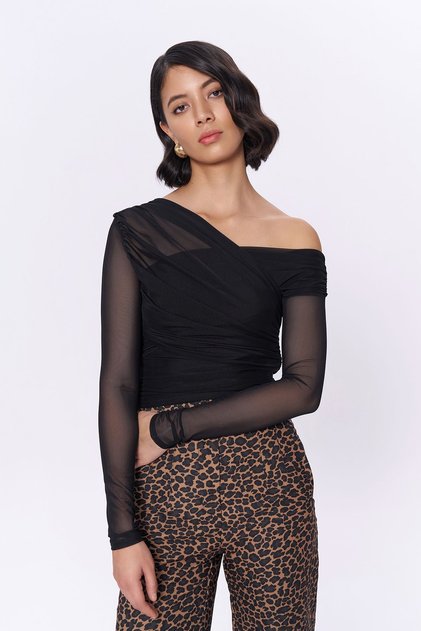 Black Asymmetrical Draped Tulle Detailed Blouse