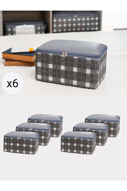 6-piece small grey square plaid under-bed storage organizer set, luggage compartment organizer, 30x20x15 cm