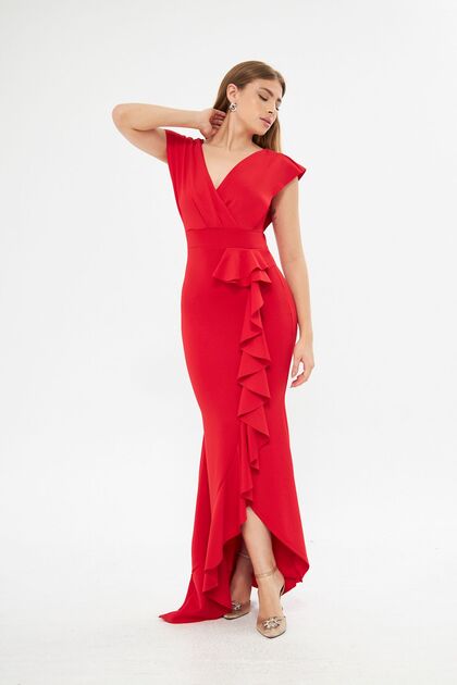 Flexible Red Scuba Fabric Flounce Detail Evening Dress and Graduation Dress 729 582443