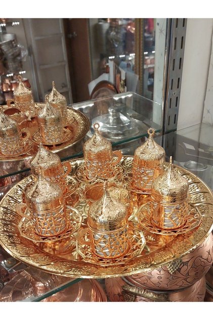 6-Person Cup Set Gold - Copper Ottoman Patterned Motif Turkish Coffee Coffee Cup