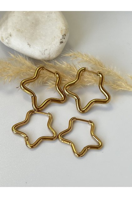 Double Set Steel Gold Color Star Earrings 18 mm - 23 mm Width