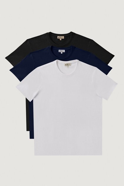 Erkek Siyah-lacivert-beyaz Slim Fit Dar Kesim Bisiklet Yaka 3'lü %100 Pamuk Basic Tişört Paketi