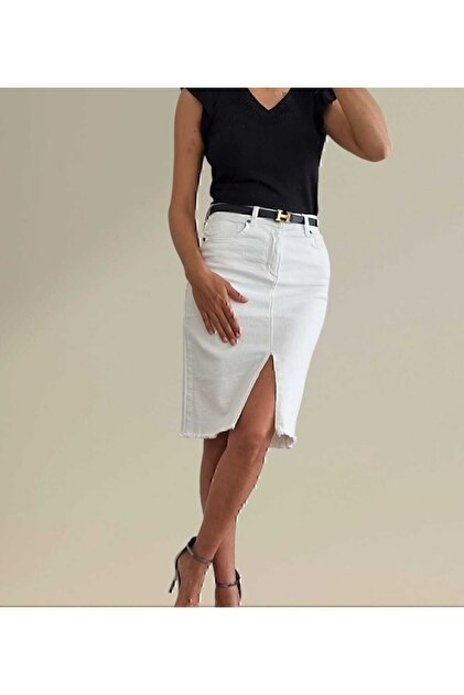 White Midi Slit Midi Length Skirt with Pocketed and Slit
