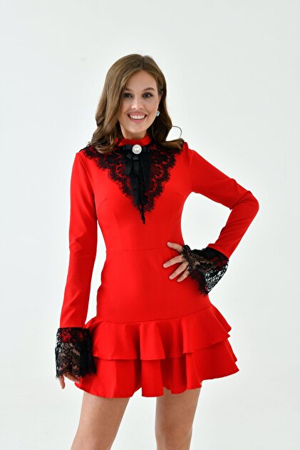 WOMAN VISION Scuba Fabric - Lace and Bronchi Detailed Women's Mini Dress  008- Trendyol