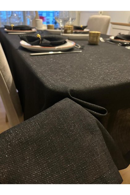 Glittery Etamine Seamless Tablecloth Black + 6 Napkins