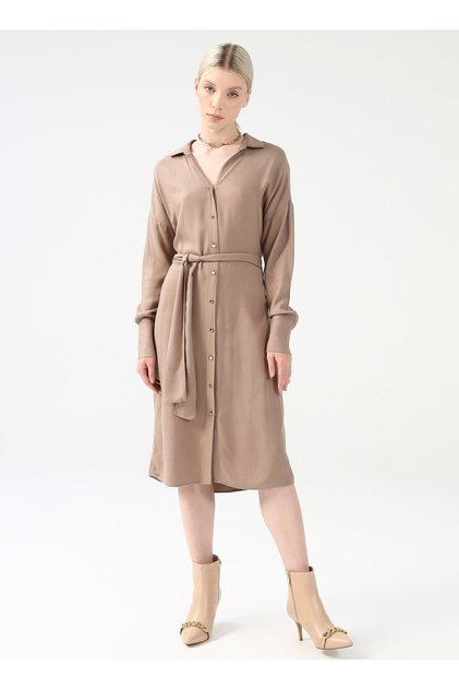 Comfort Shirt Collar Plain Beige Melange Midi Women's Dress Cm-jabbar