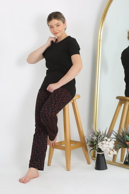 Women's Short Sleeve Cotton Combed Pajama Suit Black 4214