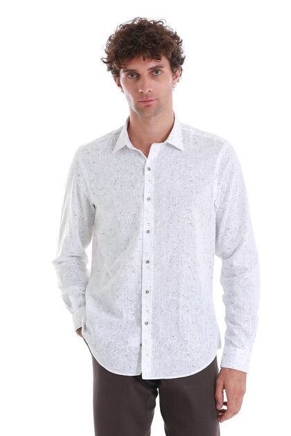 White Comfort Fit Printed Slim Collar Long Sleeve Sports Shirt