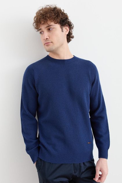 Men's Crew Neck Basic Wool Sweater Indigo