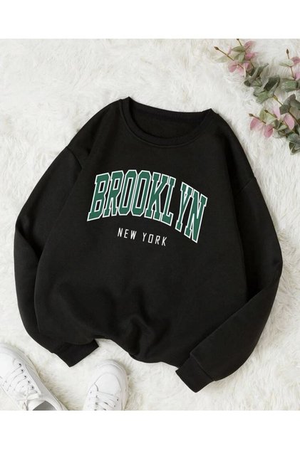 Ünisex Siyah Bronklyn Baskılı Oversize Sweatshirt