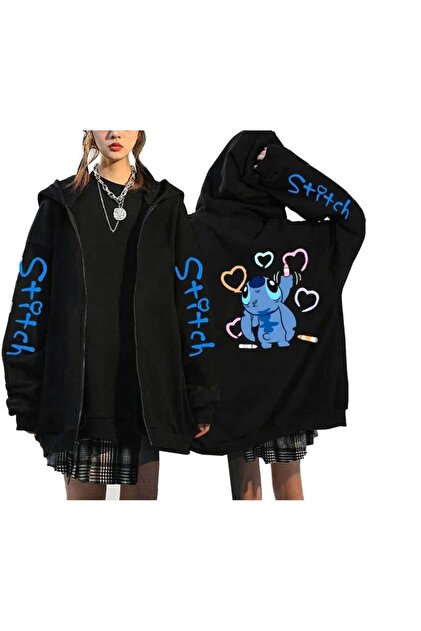 Genel Markalar Y2k Stitch Baskılı Oversize Fermuarlı Siyah Unisex