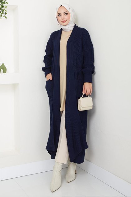 Shawl Collar Pocketed Knitwear Cardigan Navy Blue Hm2534