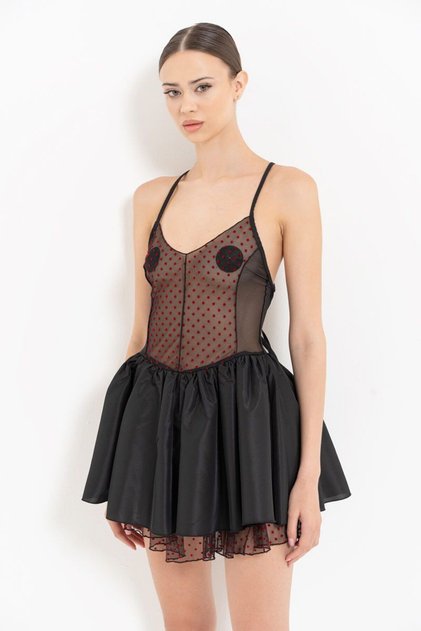 RED CROSS-BACK POLKA DOT MESH DRESS