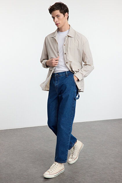 Trendyolmilla Man Orta Mavi %100 Pamuk Loose Fit Carpenter Bol Kot