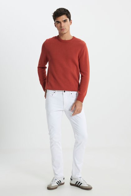 Slim Fit Dar Kesim Normal Bel Dar Paça Luke Beyaz Jean Kot Pantolon