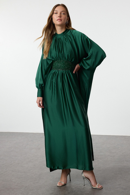 slim fit dress slacks Stylish Long Sleeves Dark Green Evening Maxi Dress