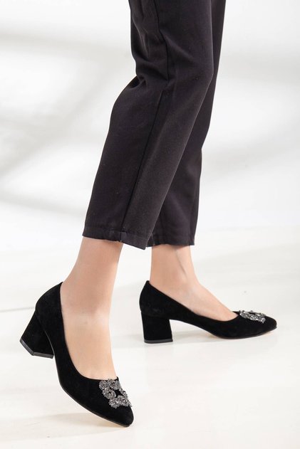 Women's Classic Thick Heeled Black Suede Stone 5 Cm Stiletto