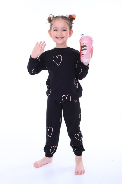 100% Cotton Heart Patterned Long Sleeve Black Girls' Pajama Set (3,4,5,6,7,8 Years)