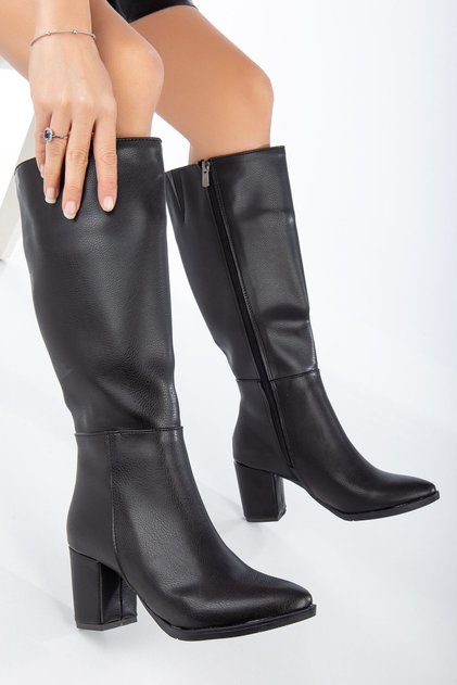 Women's Black Zip-Up Knee-High Heeled Boots