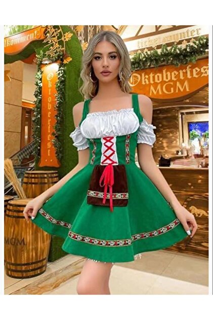 green emerald velvet dress German Munich Oktoberfest embroidered lace-up beer skirt cosplay stage –  Blue Zone Planet main image 1