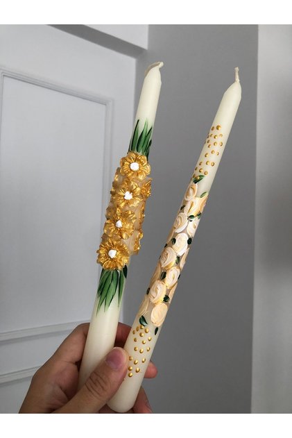 2’li El Boyaması Çiçekli Papatyalı Mum Seti / kabartmalı gold detaylı şamdan mumu