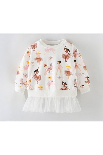 Balerin Desenli Uzun Kollu Tüllü Sweatshirt