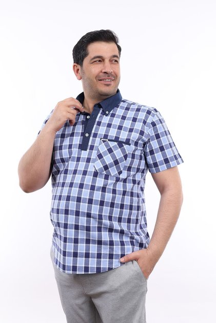 Men's Large Size Half Placket Navy-Blue Plaid Lycra Buttoned Collar Short Sleeve Shirt KK-8040-TSS