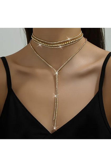 Kadın Özel Tasarım 3 Sıra Kalın İnce Tasarım Zirkon Taşlı Sallantılı Choker Kolye Gold/Silver