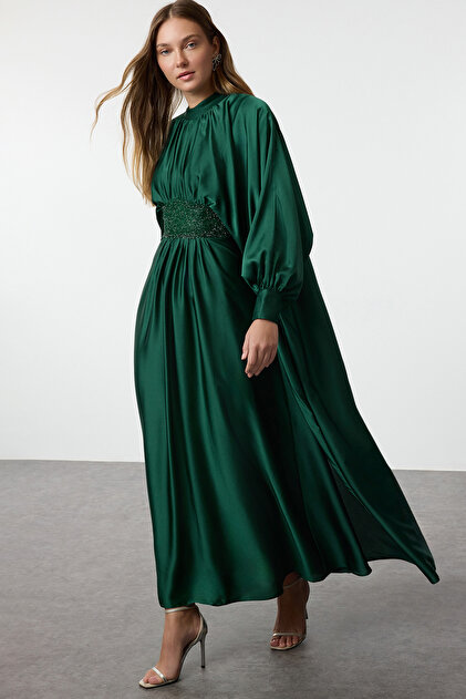 slim fit dress slacks Green Pleated Satin Long Sleeve Dress main image 0