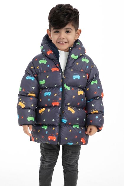 Boys' Fleece-Lined Hooded Car Star Moon Patterned Winter Inflatable Coat & Jacket & Parka